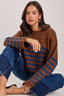 LOOSE FIT STRIPE FALL CREW NECK SWEATER TOP: BROWN/BLUE