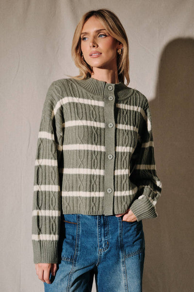 Striped Mock Neck Cable Knit Button Cardigan: OLIVE-CREAM STRIPE