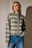 Striped Mock Neck Cable Knit Button Cardigan: OLIVE-CREAM STRIPE