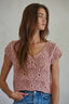 Knit Sweater Cotton Crochet V-Neck Cap Sleeve Top: Mauve