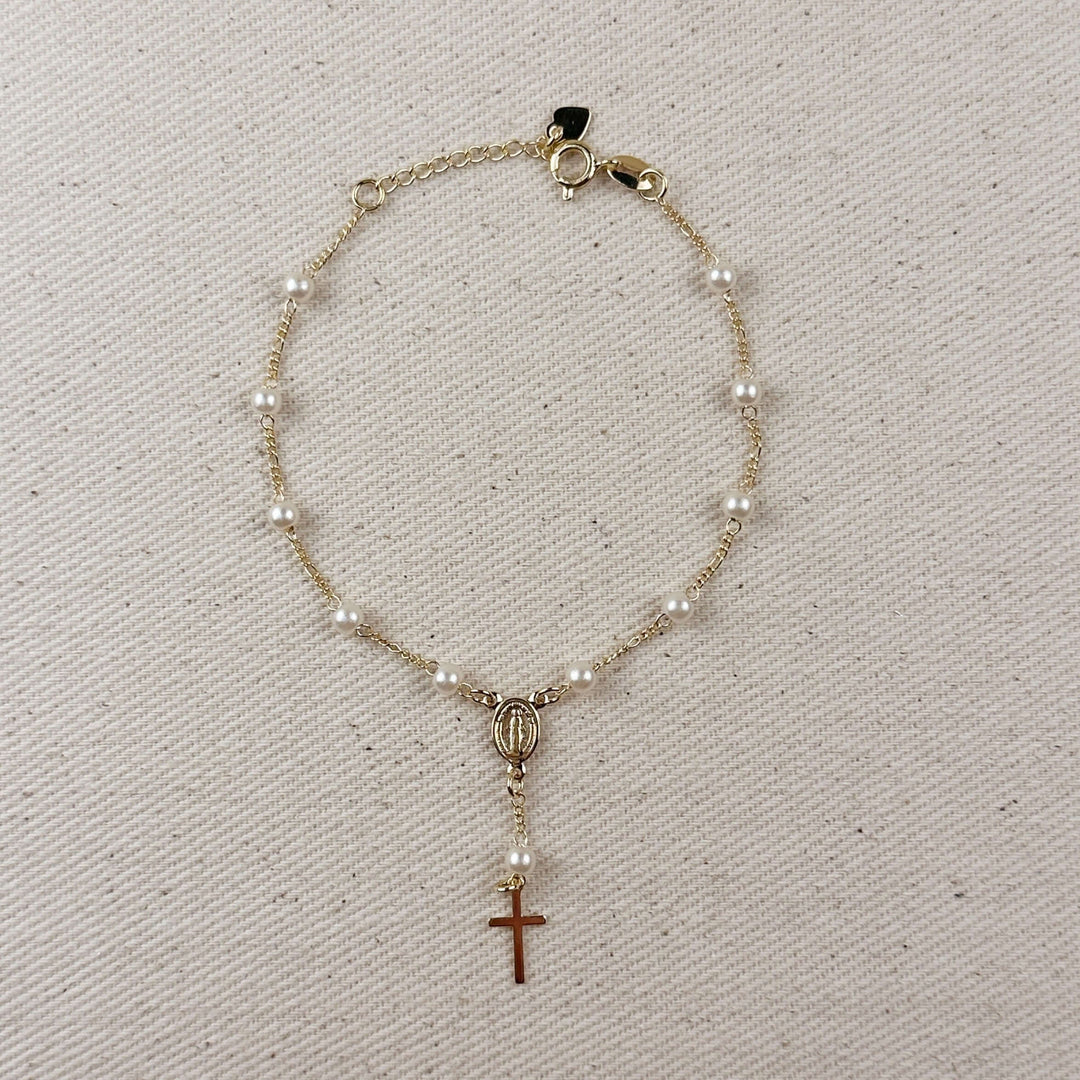 18k Gold Filled Pearl & Figaro Rosary Bracelet