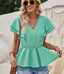 V Neck Peplum Ruffle Top - Lake Green