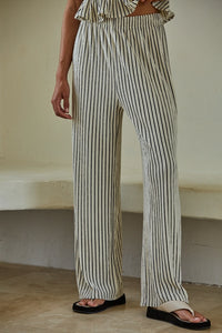 Woven Polyester Spandex Striped Straight Leg Pants: Natural Black