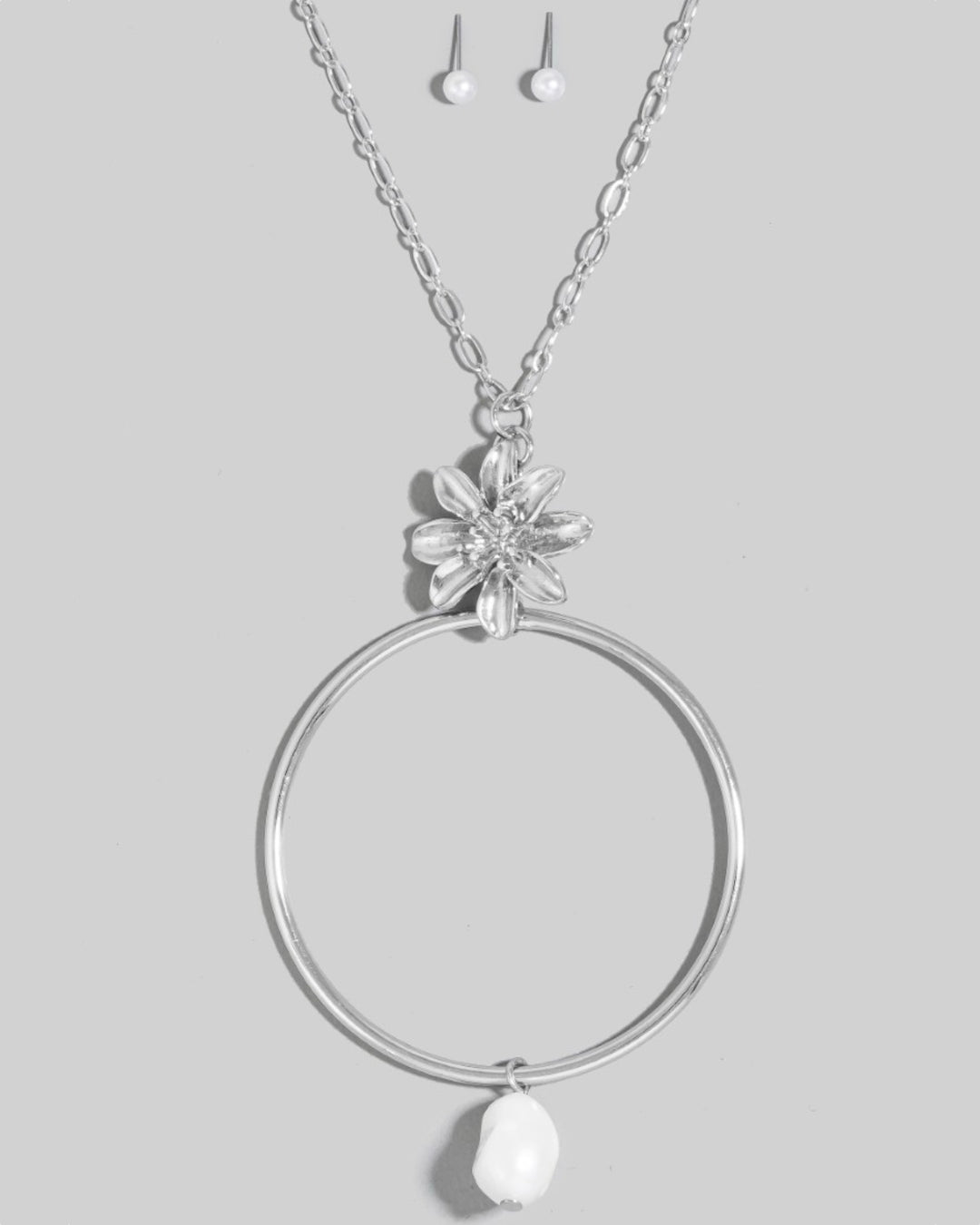Flower Pearl And Large Hoop Pendant Layered Necklace Set