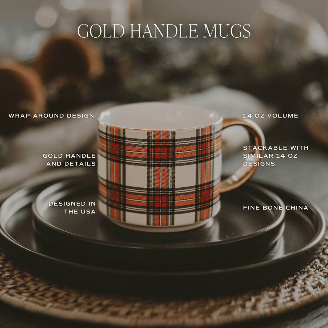 White Plaid 14oz. Gold Handle Coffee Mug