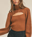 Ribbed Knit Cutout Turtleneck Sweater - Roasted Pecan