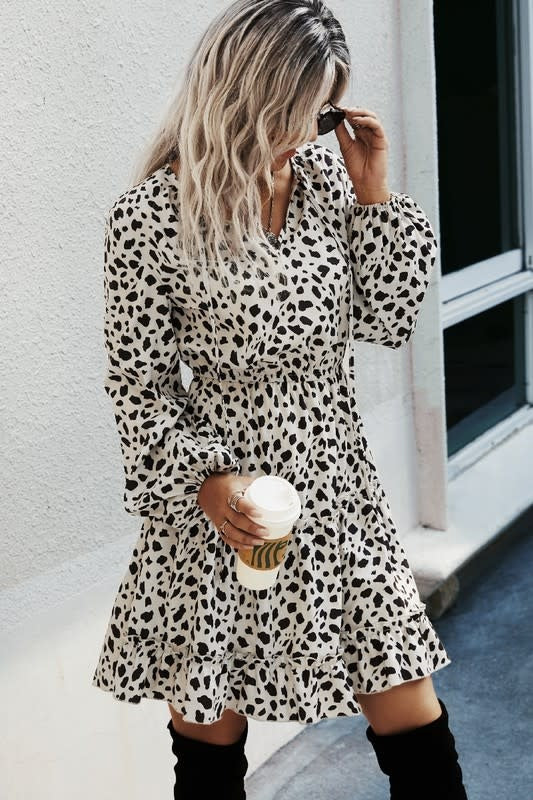 Leopard V Neck Long Sleeves Dress - Beige
