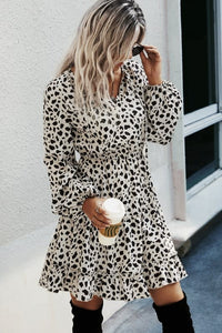 Leopard V Neck Long Sleeves Dress - Beige