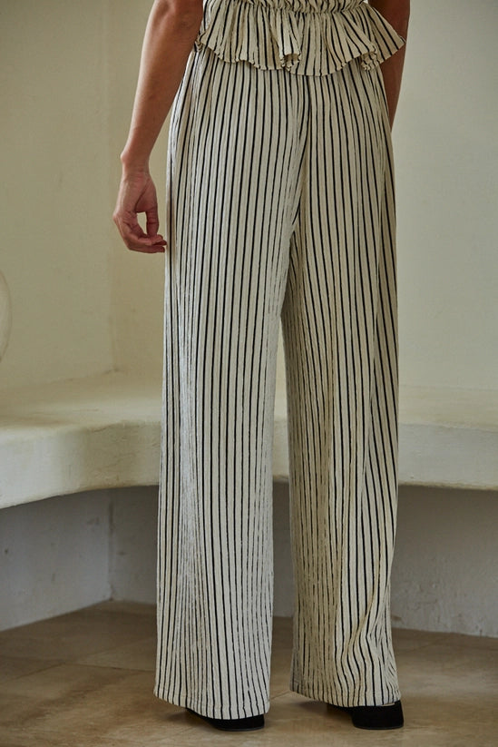 Woven Polyester Spandex Striped Straight Leg Pants: Natural Black