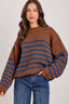 LOOSE FIT STRIPE FALL CREW NECK SWEATER TOP: BROWN/BLUE