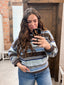 CREW NECK MULTI STRIPE SWEATER: BROWN-MULTI STRIPE