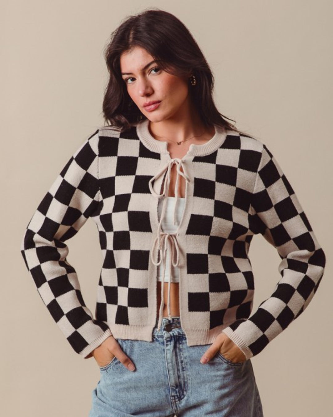 Tie Front Checkered Knit Cardigan