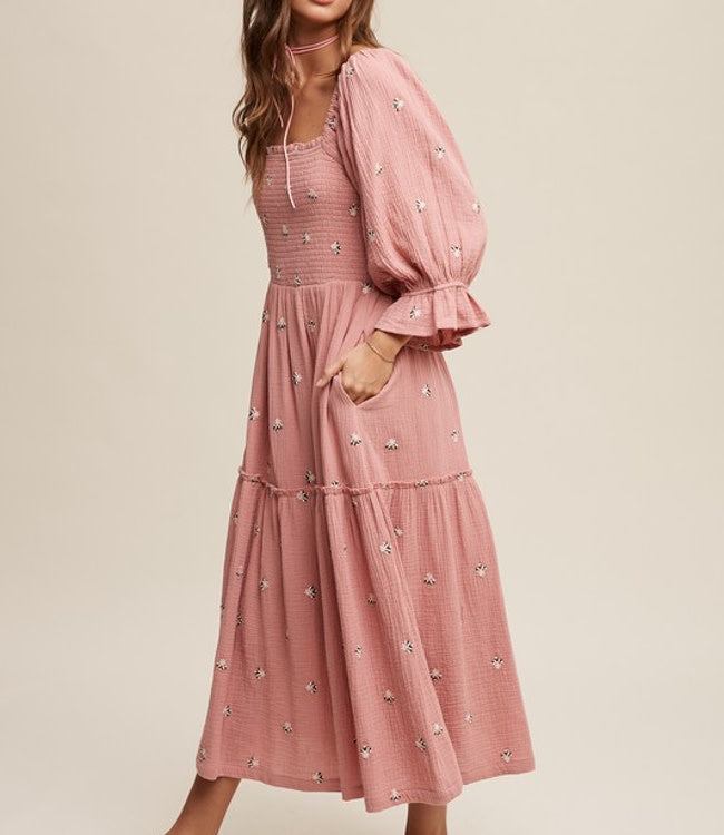 Floral Embroidery Puff Sleeve Maxi Dress - Deep Rose