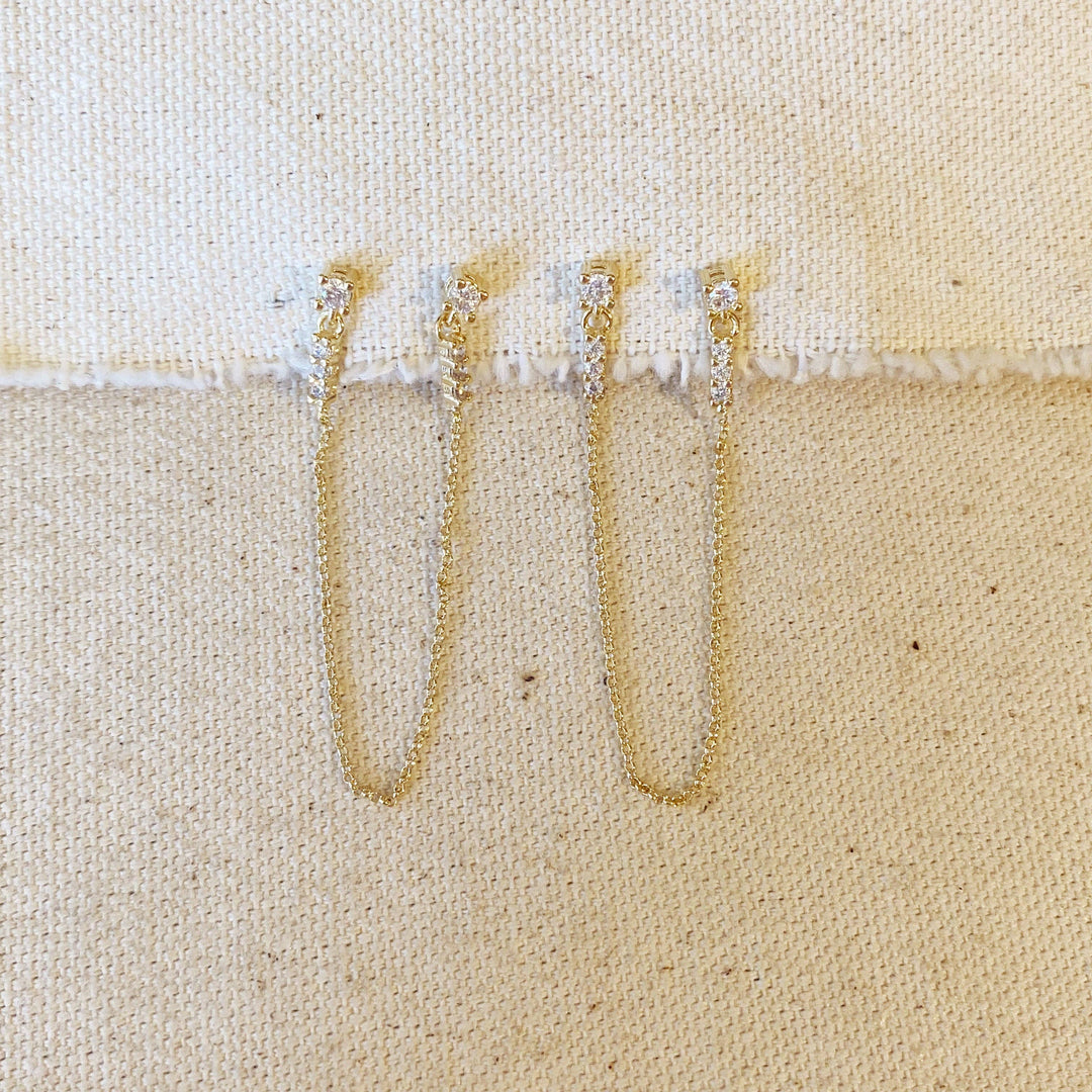 CZ Double Piercing Earrings Connected by Chain