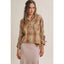 Fall Plaid Ruched Sleeves Button-Down Shirt: LATTE
