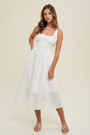Linen Midi Dress With Smocked Waist Detail - Ivory