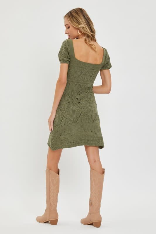 Crochet Short Knit Dress - Olive