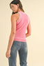 Striped Rib Halter Neck Sweater Top - Hot Pink