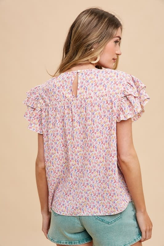 Ditsy Flower Printed Pleats Blouse - Ivory Multi
