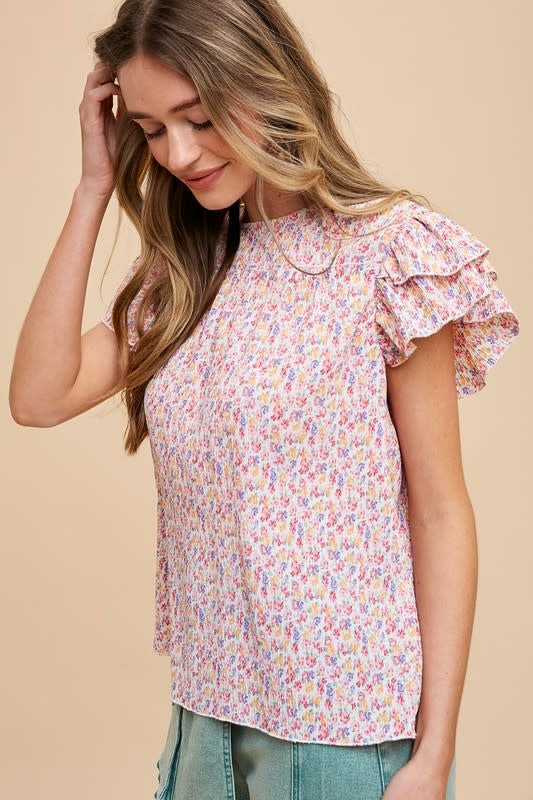 Ditsy Flower Printed Pleats Blouse - Ivory Multi