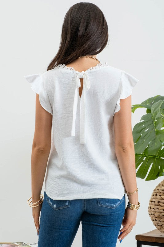 V Neck Lace Trim Back Tie Blouse