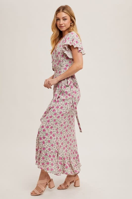 Floral Print Ruffle Hem Wrap Maxi Dress - Rose
