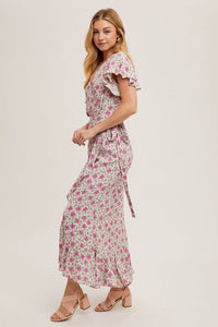 Floral Print Ruffle Hem Wrap Maxi Dress - Rose