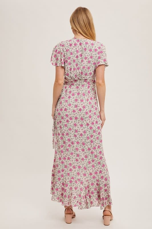 Floral Print Ruffle Hem Wrap Maxi Dress - Rose