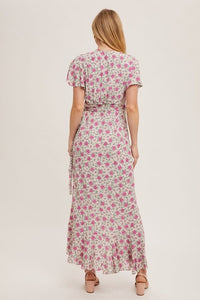 Floral Print Ruffle Hem Wrap Maxi Dress - Rose
