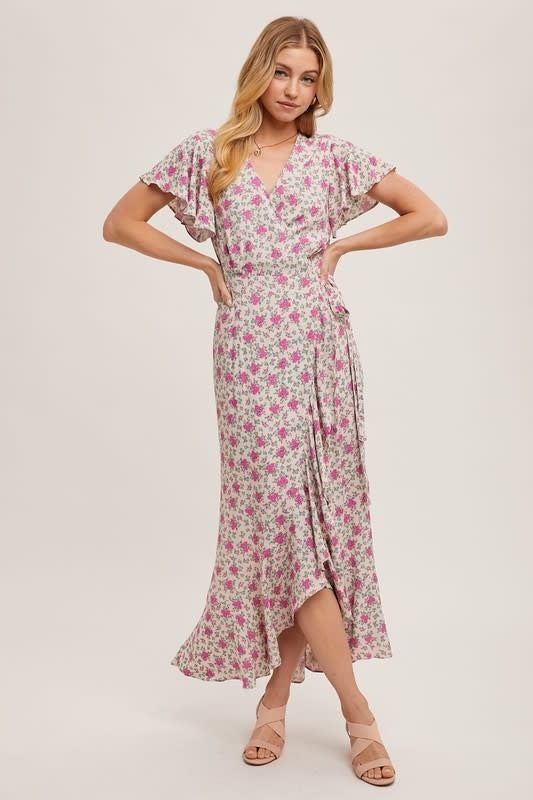 Floral Print Ruffle Hem Wrap Maxi Dress - Rose