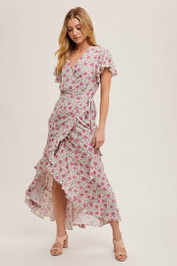 Floral Print Ruffle Hem Wrap Maxi Dress - Rose