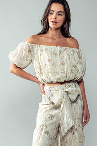 Elastic Off Shoulder Floral Crop Blouse - Taupe