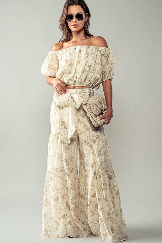 Elastic Off Shoulder Floral Crop Blouse - Taupe