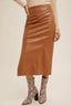 Faux Leather Midi Skirt With Slit - Brown