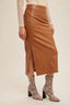 Faux Leather Midi Skirt With Slit - Brown