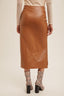 Faux Leather Midi Skirt With Slit - Brown