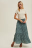 Floral Tiered Midi Skirt With Front Slit - T. Green