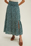 Floral Tiered Midi Skirt With Front Slit - T. Green