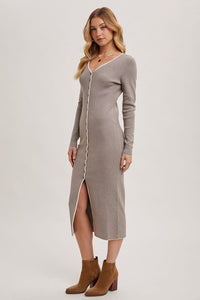 V-Neck Button Down Striped Midi Dress - Cocoa