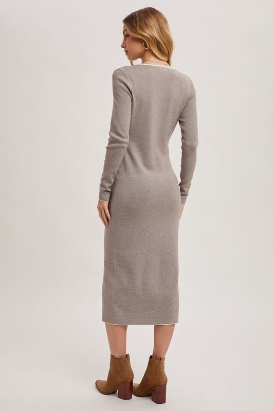 V-Neck Button Down Striped Midi Dress - Cocoa