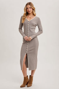 V-Neck Button Down Striped Midi Dress - Cocoa