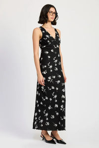 FLORAL V NECK MAXI DRESS: BLACK