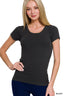 Ribbed Round Neck Short Sleeve Tee Shirt - Black