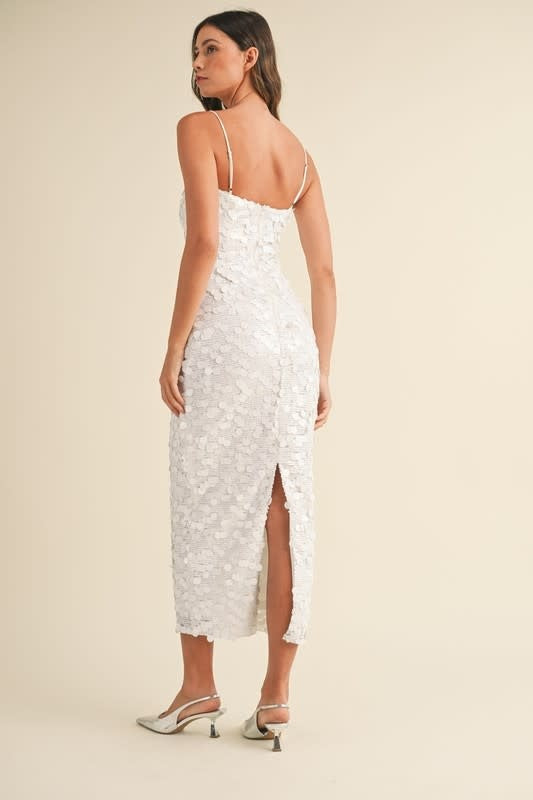 Mix Sequins Spaghetti Strap Back Slit Midi Dress - White