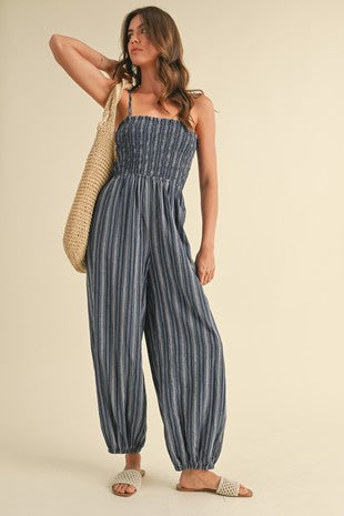Spaghetti Strap Smocked Striped Balloon Jumpsuit