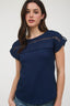 Short Tab Sleeve Lace Trim Crinkle Knit Blouse