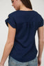 Short Tab Sleeve Lace Trim Crinkle Knit Blouse