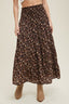 Floral Tiered Front Slit Midi Skirt: Espresso