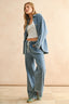 Washed Knitted Button Front Shirt Jacket - Denim Blue
