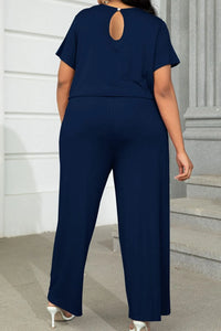Drawstring Waist Short Sleeve Jumpsuit - Navy